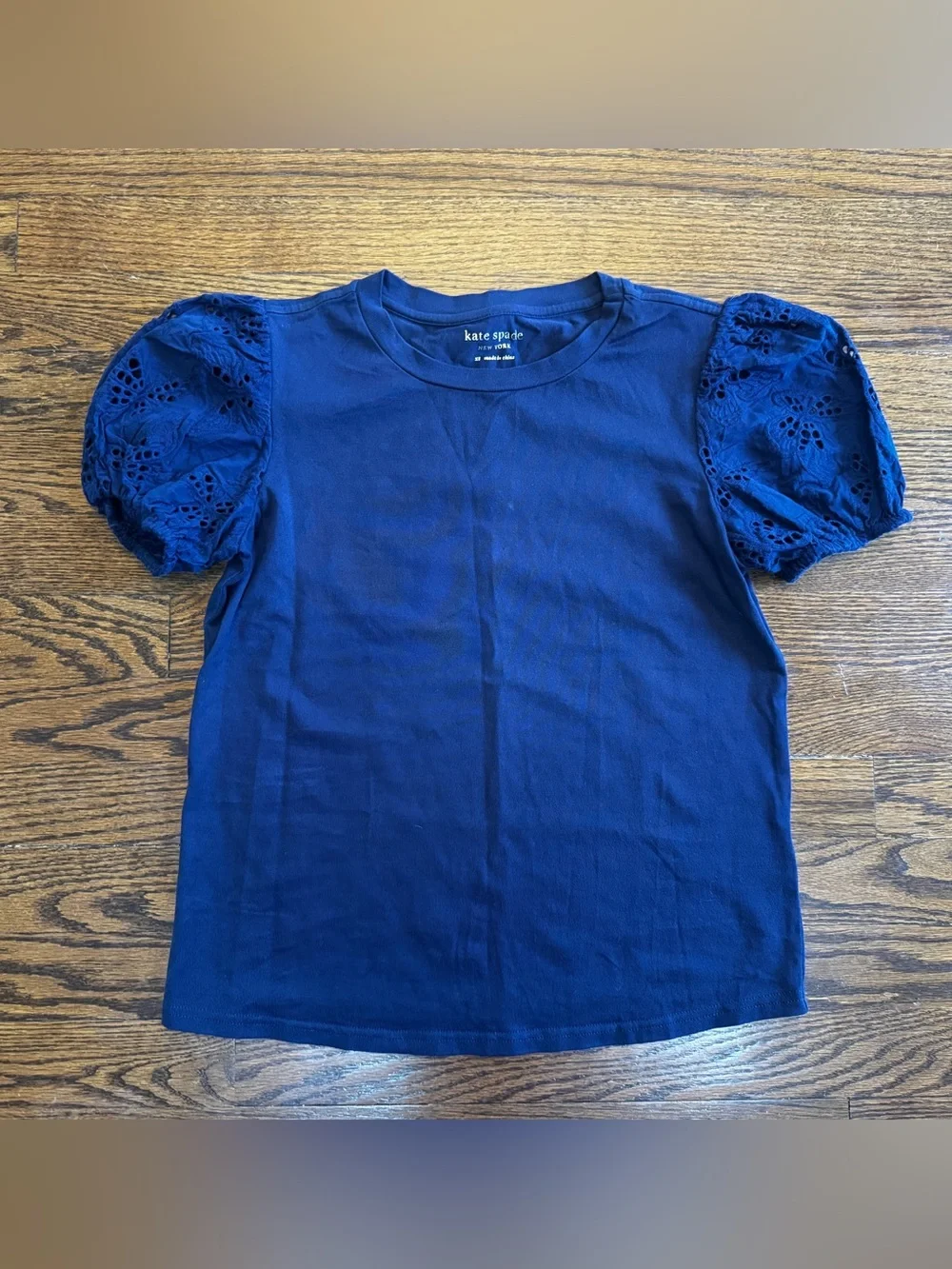 Kate Spade Navy Blue Eyelet Crew Neck Puff Short Sleeve Top XS